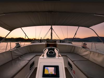 Cockpit of Queen Dina, a Bavaria Cruiser 46 sailboat at Gouvia, Greece