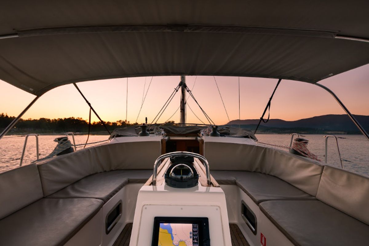 Cockpit of Queen Dina, a Bavaria Cruiser 46 sailboat at Gouvia, Greece