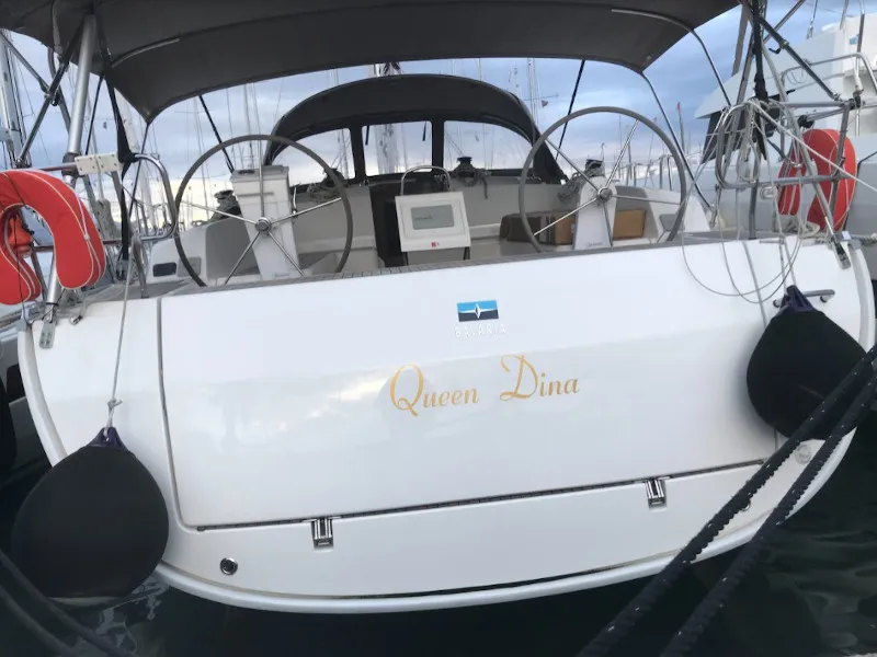 Deck of Queen Dina, a Bavaria Cruiser 46 sailboat at Gouvia, Greece