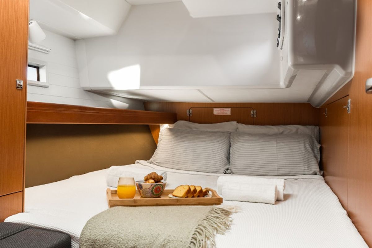 Cabin on Queen Dina, a Bavaria Cruiser 46 sailboat at Gouvia, Greece
