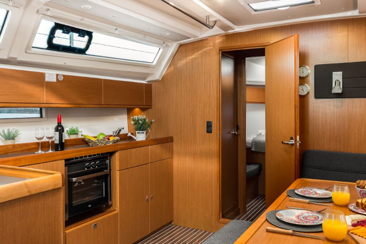 Galley of Queen Dina, a Bavaria Cruiser 46 sailboat at Gouvia, Greece