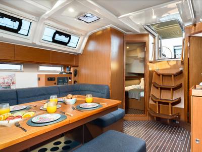 Salon of Queen Dina, a Bavaria Cruiser 46 sailboat at Gouvia, Greece