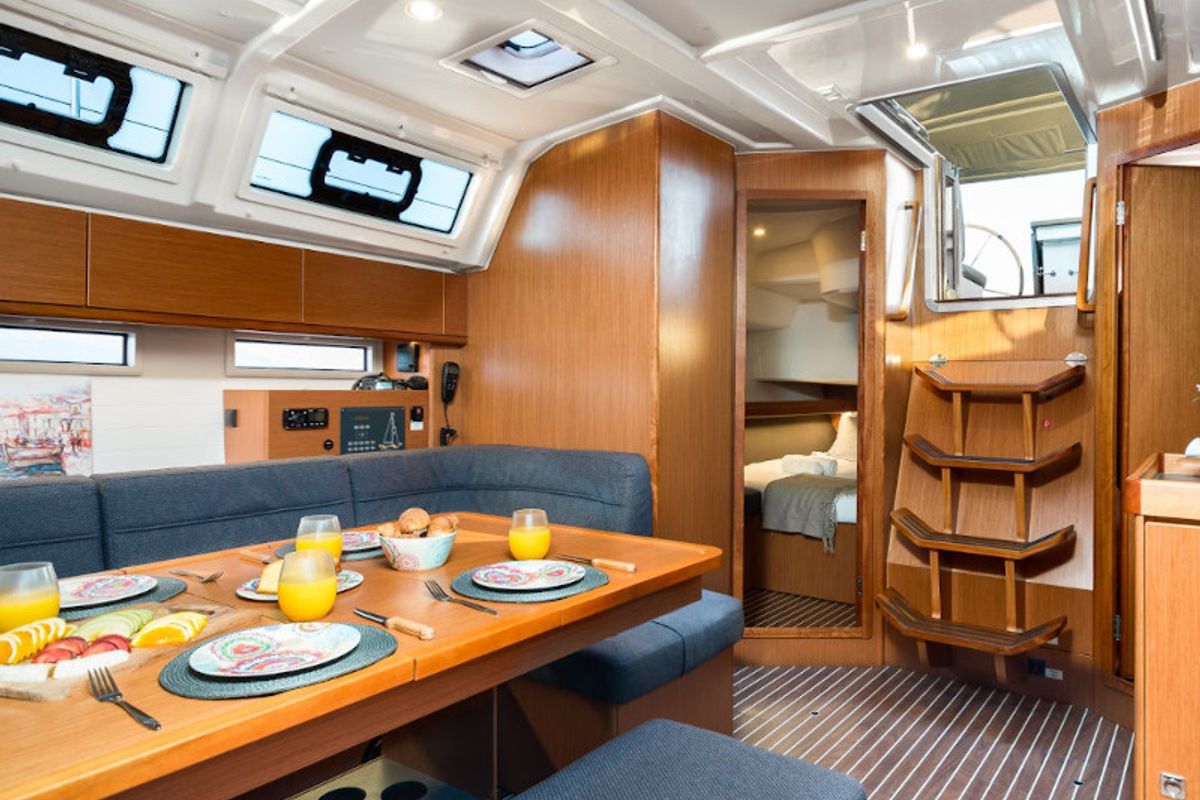 Salon of Queen Dina, a Bavaria Cruiser 46 sailboat at Gouvia, Greece