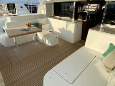 Deck of Les Jumeaux, a Lagoon 46 OW catamaran at Ventimiglia, Italy