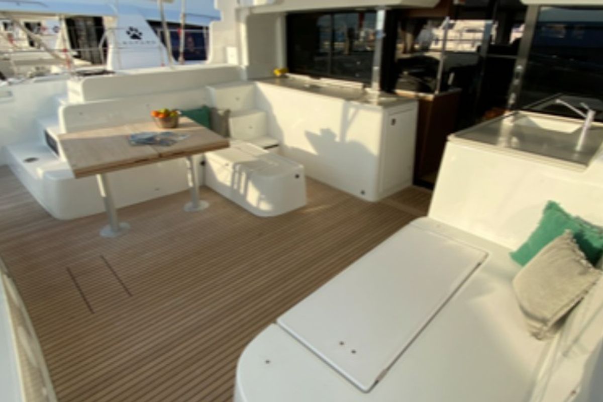 Deck of Les Jumeaux, a Lagoon 46 OW catamaran at Ventimiglia, Italy