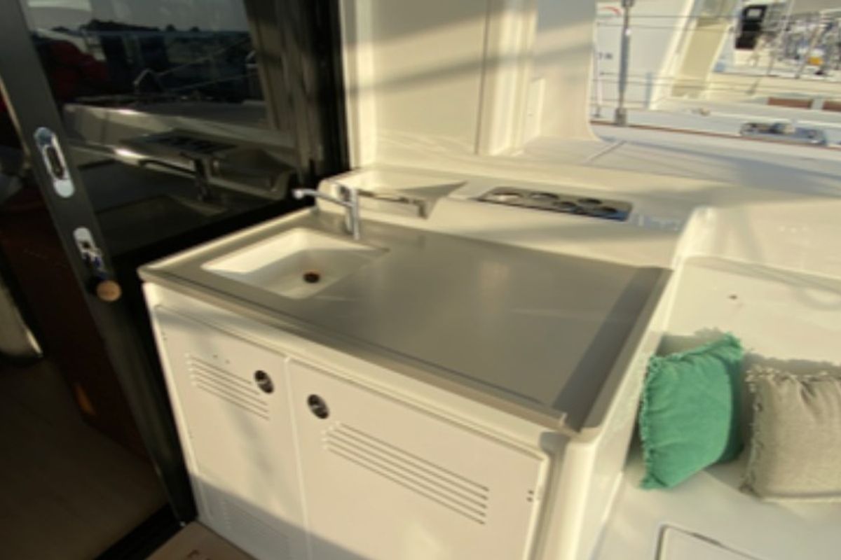 Deck of Les Jumeaux, a Lagoon 46 OW catamaran at Ventimiglia, Italy