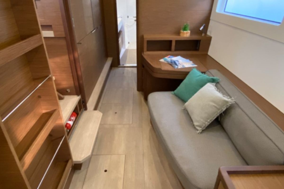 Salon of Les Jumeaux, a Lagoon 46 OW catamaran at Ventimiglia, Italy