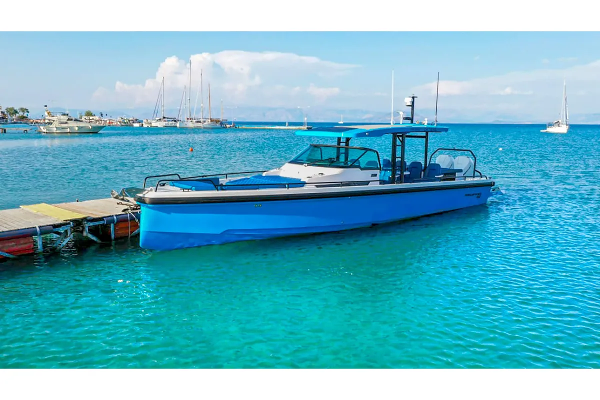 Exterior view of Oktana, a Axopar 37  Sun Top motorboat at Gouvia, Greece