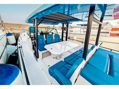 Deck of Oktana, a Axopar 37  Sun Top motorboat at Gouvia, Greece