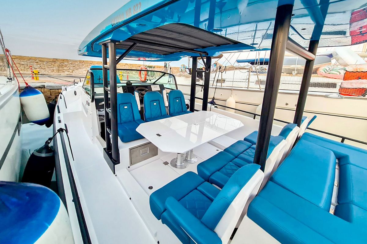 Deck of Oktana, a Axopar 37  Sun Top motorboat at Gouvia, Greece
