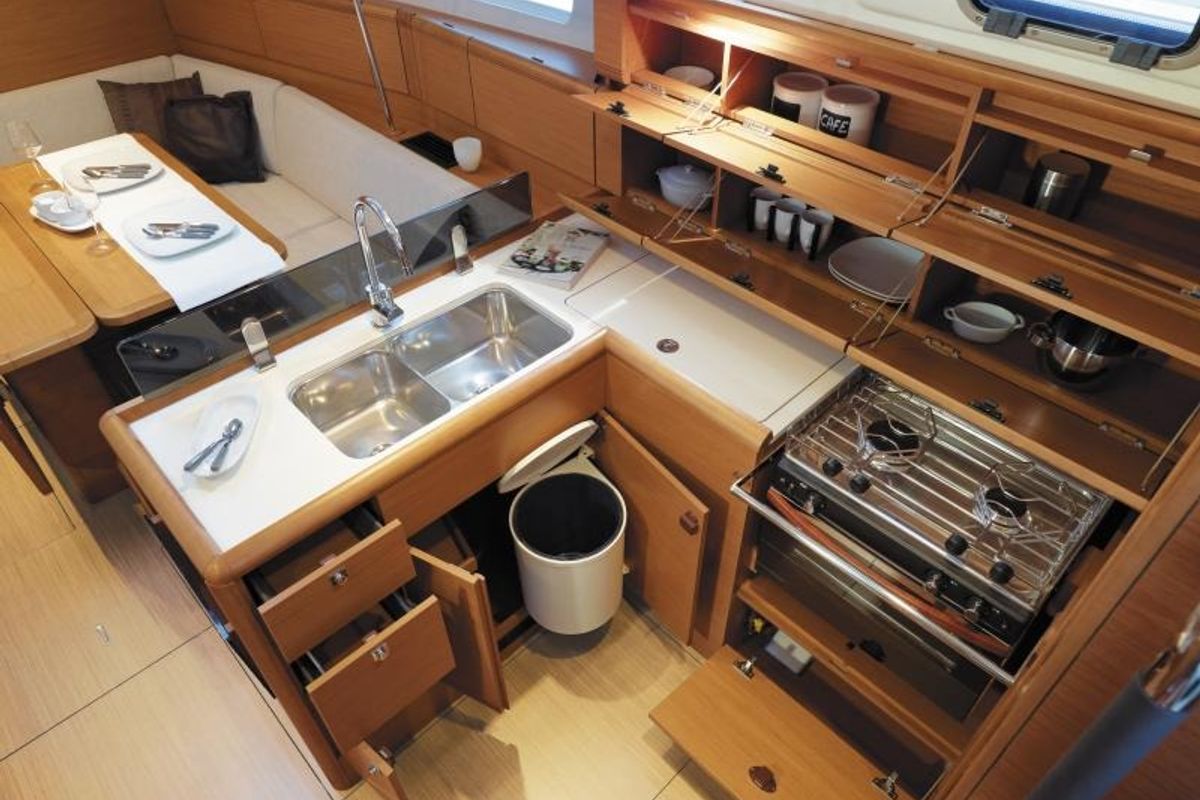 Galley of Minerva, a Jeanneau Sun Odyssey 379 sailboat at Salerno, Italy