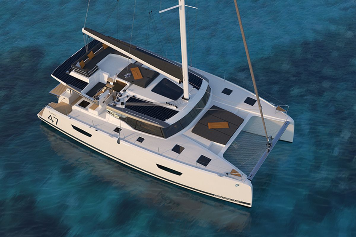 Exterior view of Cattitude, a Fountaine Pajot Tanna 47 catamaran at Central Abaco, Bahamas