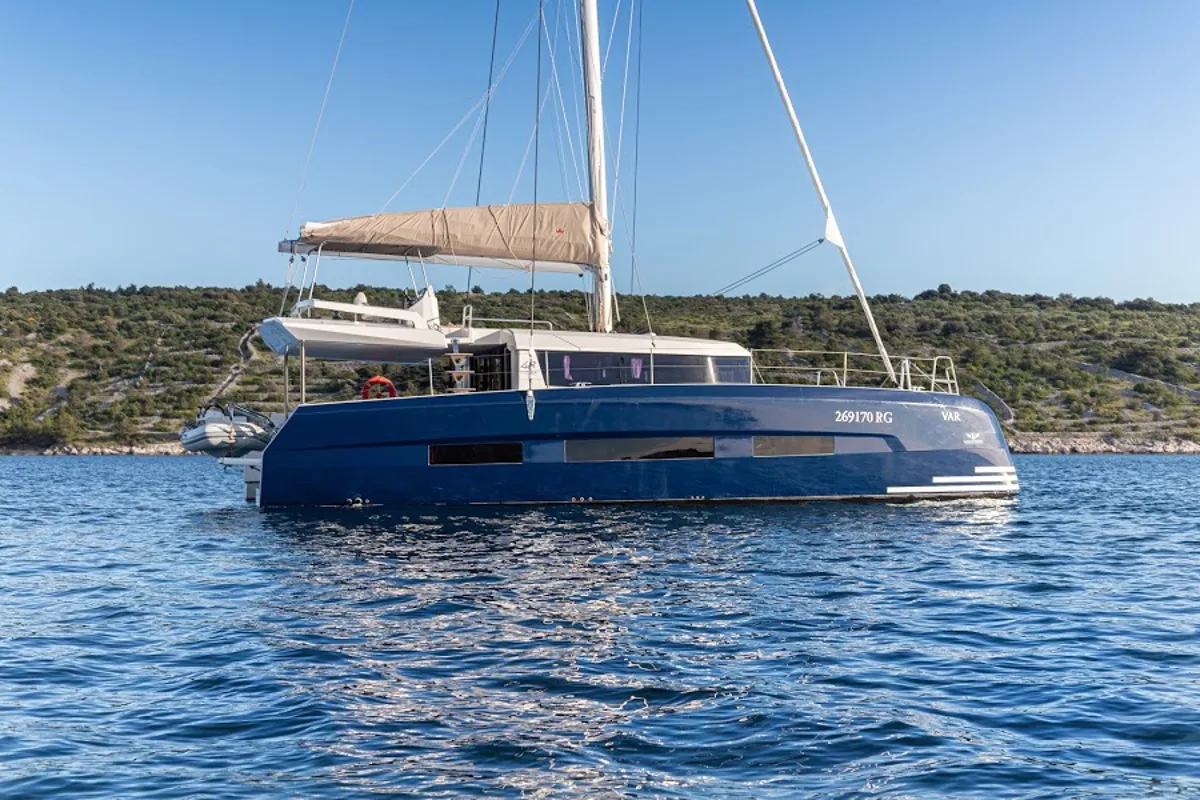 Exterior view of Var, a Dufour 48 Catamaran catamaran at Primošten, Croatia
