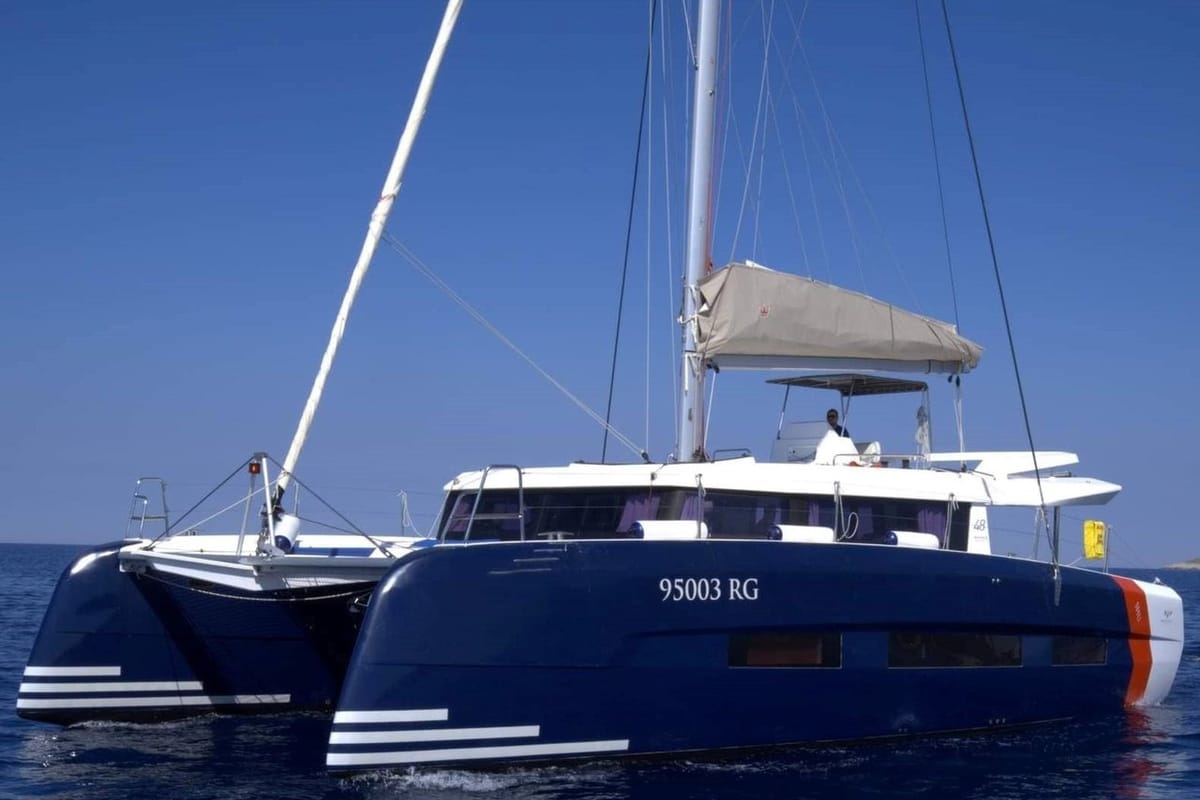 Exterior view of Var, a Dufour 48 Catamaran catamaran at Primošten, Croatia