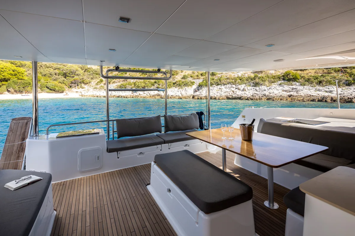 Deck of Var, a Dufour 48 Catamaran catamaran at Primošten, Croatia