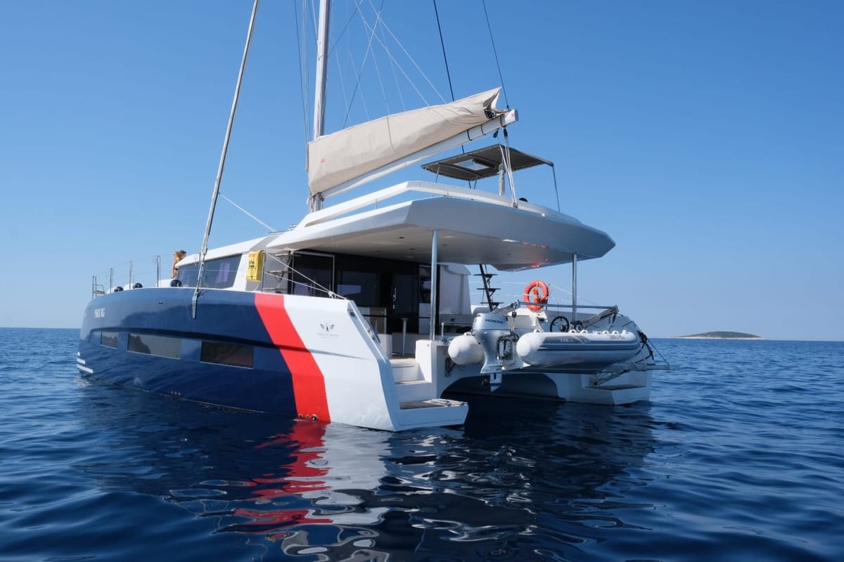 Exterior view of Var, a Dufour 48 Catamaran catamaran at Primošten, Croatia