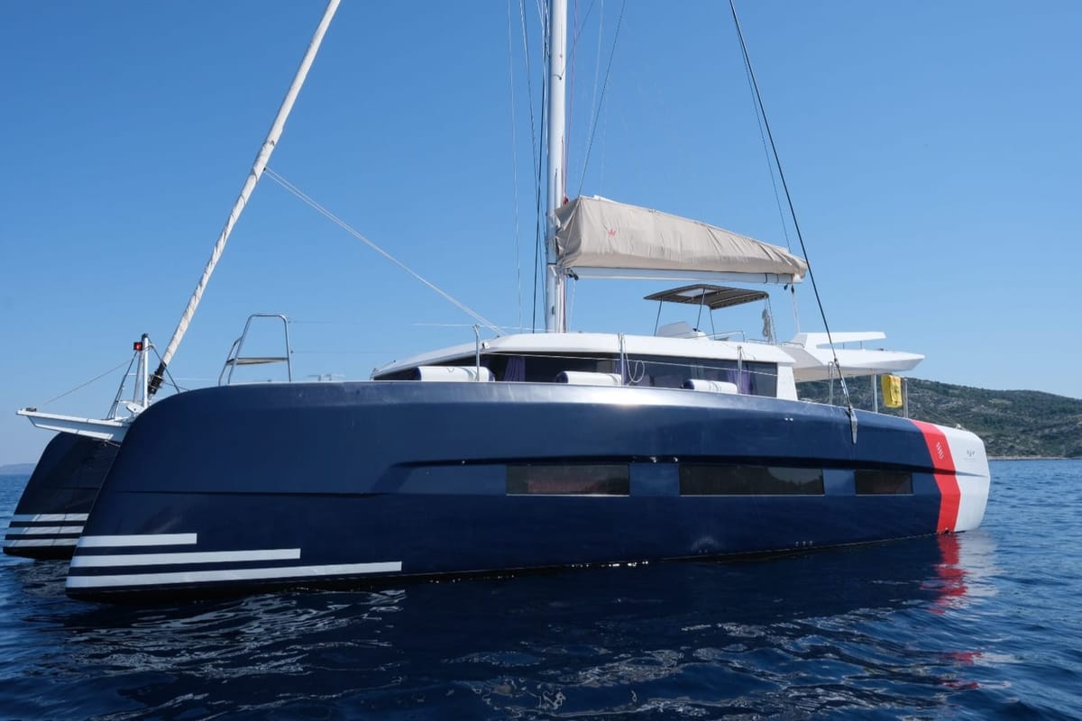 Exterior view of Var, a Dufour 48 Catamaran catamaran at Primošten, Croatia