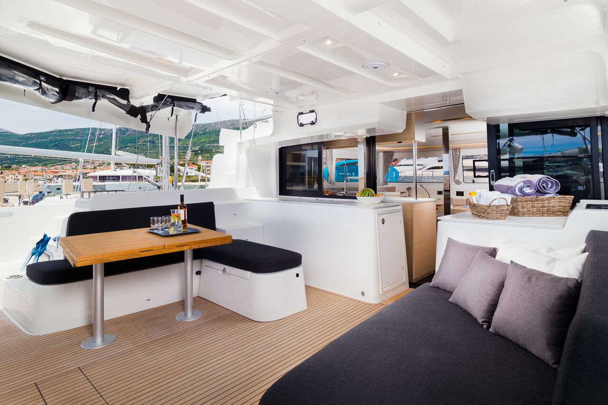 Deck of Madame El Grande, a Lagoon 46 catamaran at Grad Kaštela, Croatia