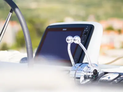 Cockpit of Madame El Grande, a Lagoon 46 catamaran at Grad Kaštela, Croatia