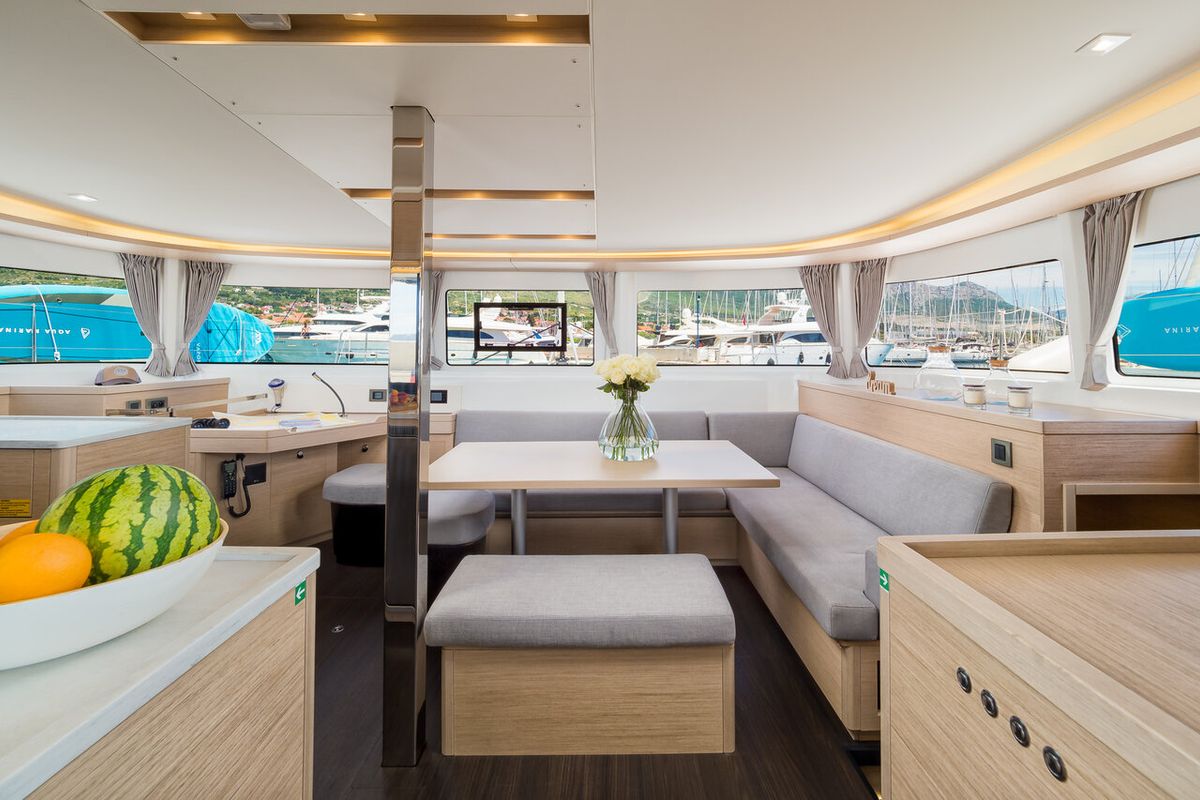 Salon of Madame El Grande, a Lagoon 46 catamaran at Grad Kaštela, Croatia