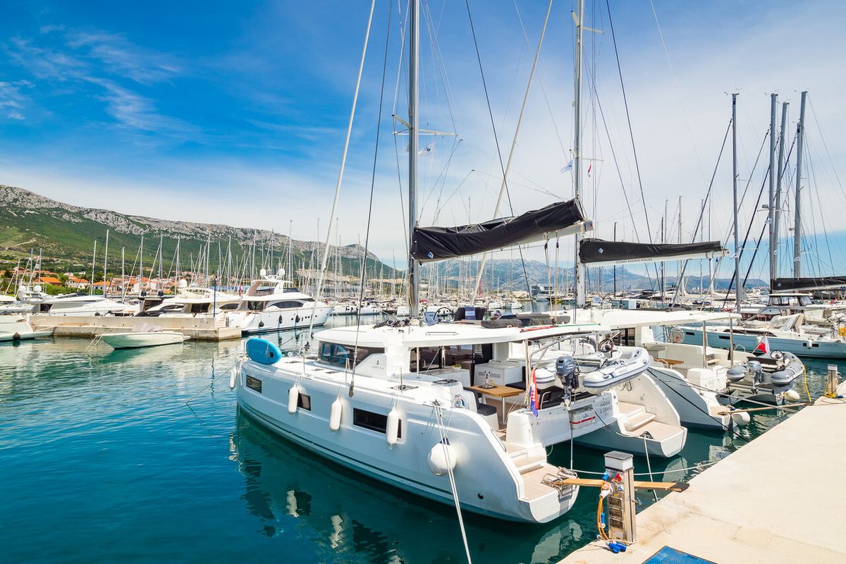 Exterior view of Madame El Grande, a Lagoon 46 catamaran at Grad Kaštela, Croatia