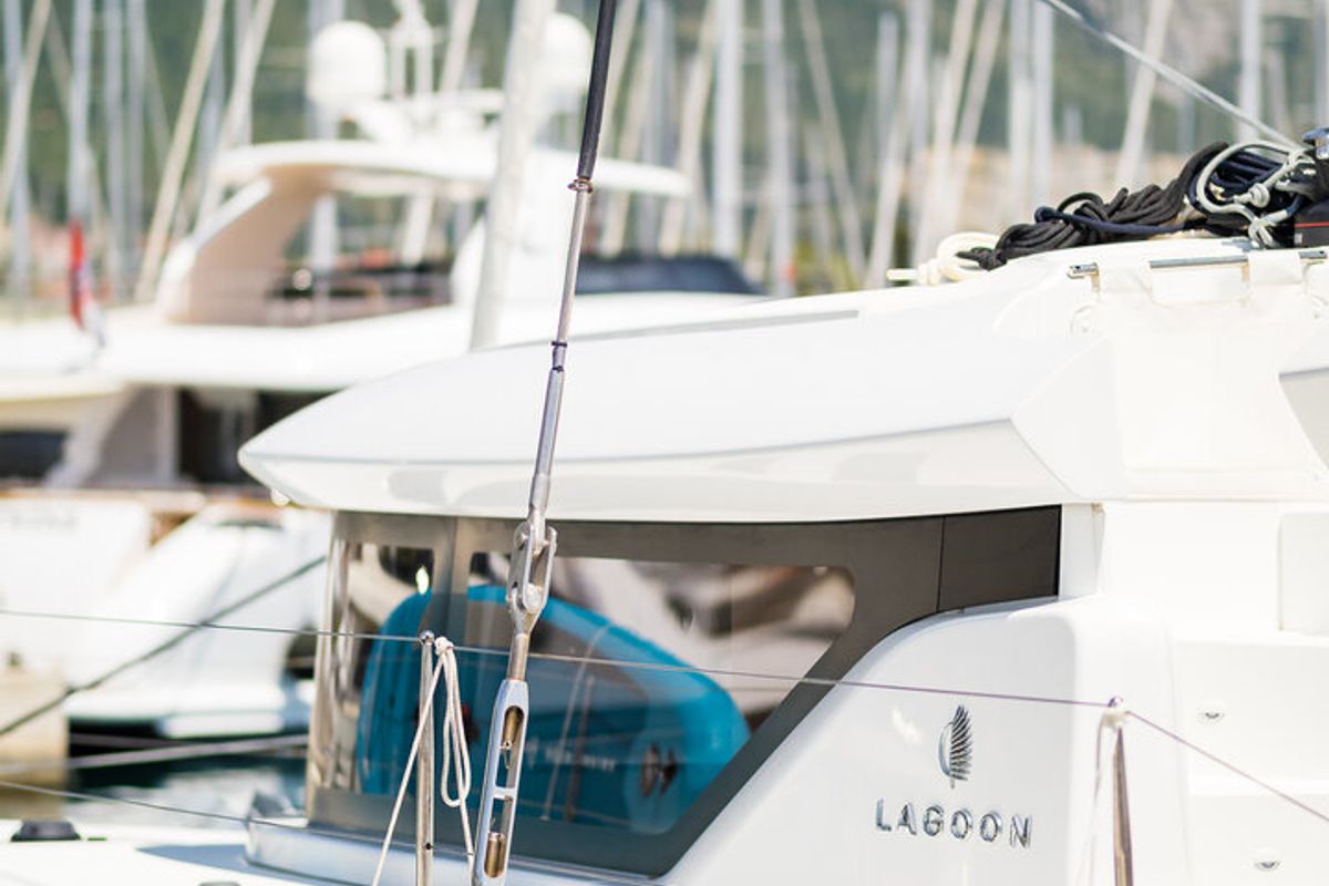 Exterior view of Madame El Grande, a Lagoon 46 catamaran at Grad Kaštela, Croatia