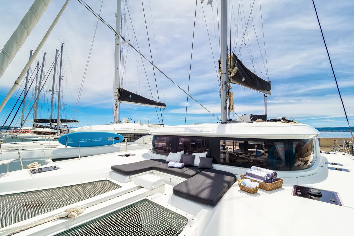 Deck of Madame El Grande, a Lagoon 46 catamaran at Grad Kaštela, Croatia