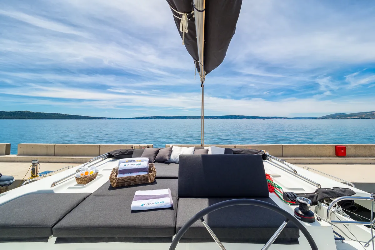 Deck of Madame El Grande, a Lagoon 46 catamaran at Grad Kaštela, Croatia