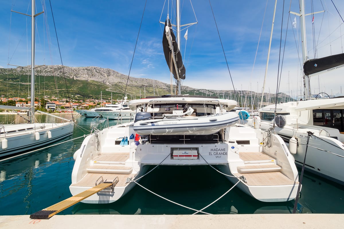 Exterior view of Madame El Grande, a Lagoon 46 catamaran at Grad Kaštela, Croatia