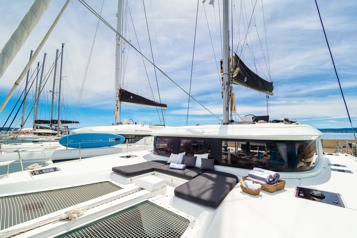 Deck of Madame El Grande, a Lagoon 46 catamaran at Grad Kaštela, Croatia