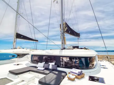 Deck of Madame El Grande, a Lagoon 46 catamaran at Grad Kaštela, Croatia