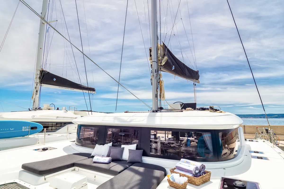 Deck of Madame El Grande, a Lagoon 46 catamaran at Grad Kaštela, Croatia