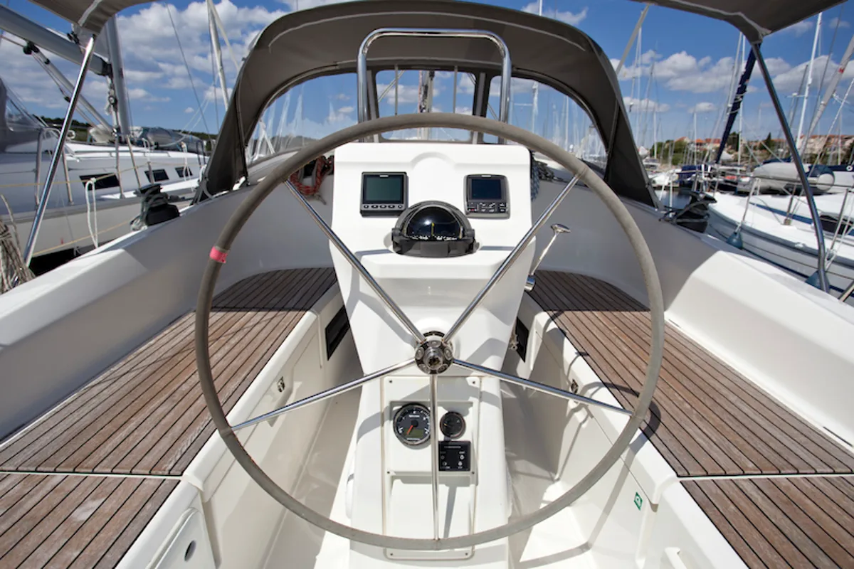 Cockpit of Mystic, a Bavaria 36 Cruiser sailboat at Grad Šibenik, Croatia