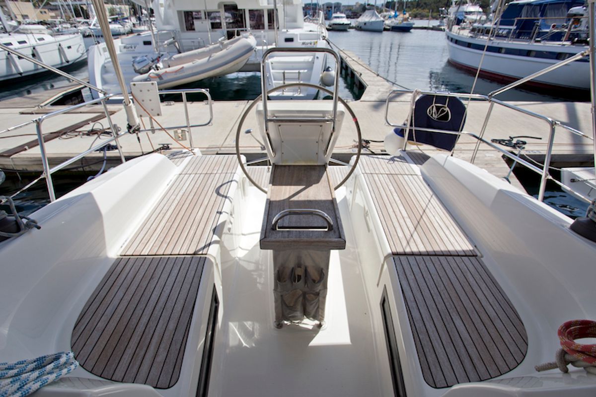 Deck of Mystic, a Bavaria 36 Cruiser sailboat at Grad Šibenik, Croatia