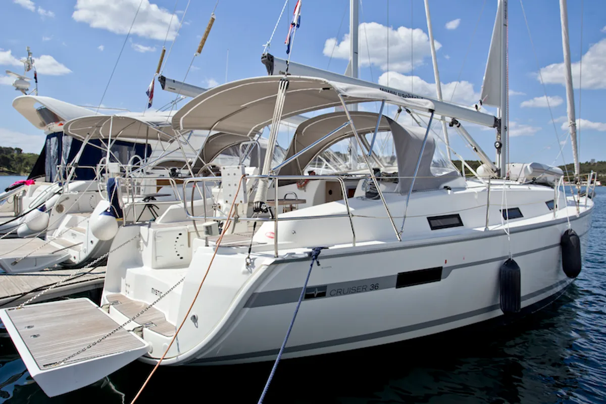 Exterior view of Mystic, a Bavaria 36 Cruiser sailboat at Grad Šibenik, Croatia