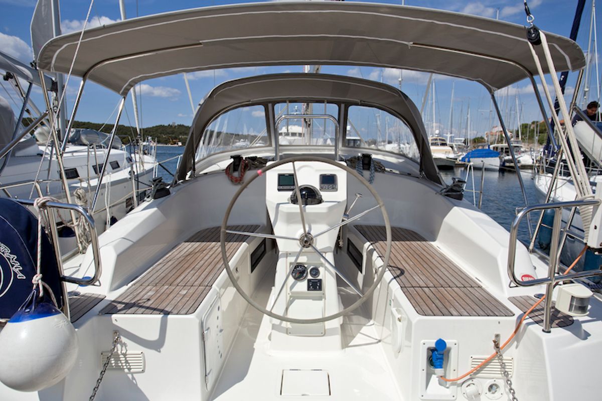 Cockpit of Mystic, a Bavaria 36 Cruiser sailboat at Grad Šibenik, Croatia