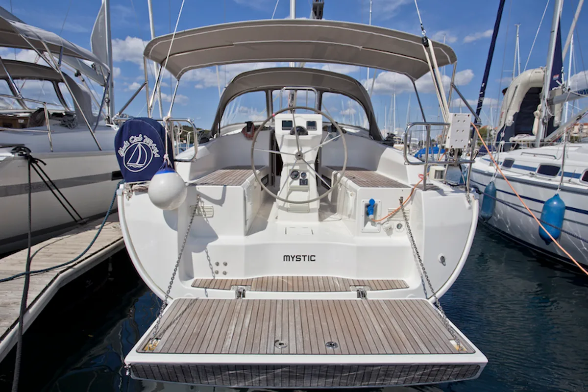 Exterior view of Mystic, a Bavaria 36 Cruiser sailboat at Grad Šibenik, Croatia