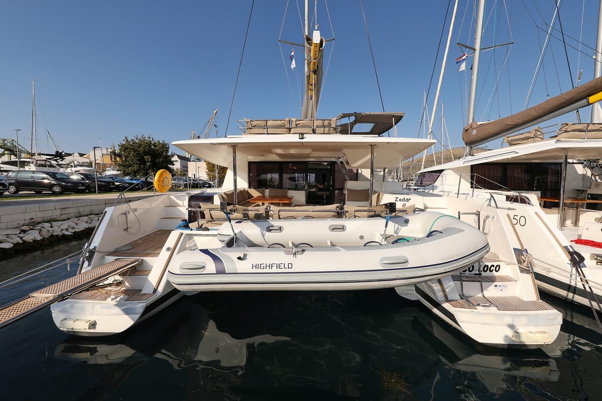 Exterior view of Poco Loco, a Fountaine Pajot Saba 50 catamaran at Grad Trogir, Croatia