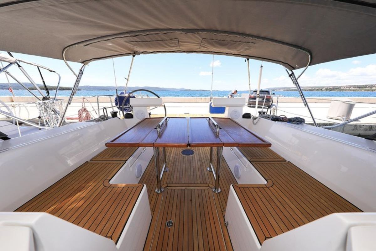 Deck of Katharina, a Bavaria C45 Style sailboat at Grad Biograd na Moru, Croatia