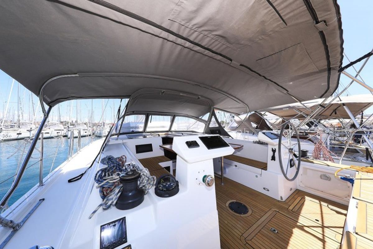 Deck of Katharina, a Bavaria C45 Style sailboat at Grad Biograd na Moru, Croatia
