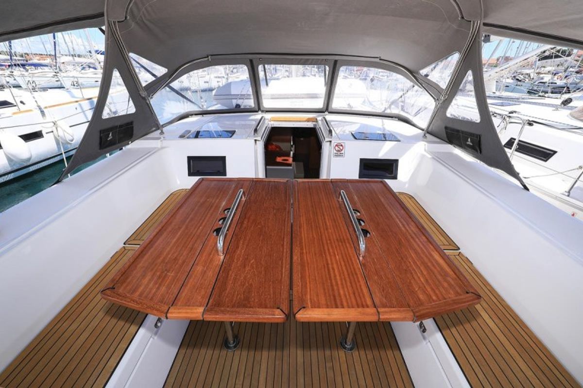 Deck of Katharina, a Bavaria C45 Style sailboat at Grad Biograd na Moru, Croatia