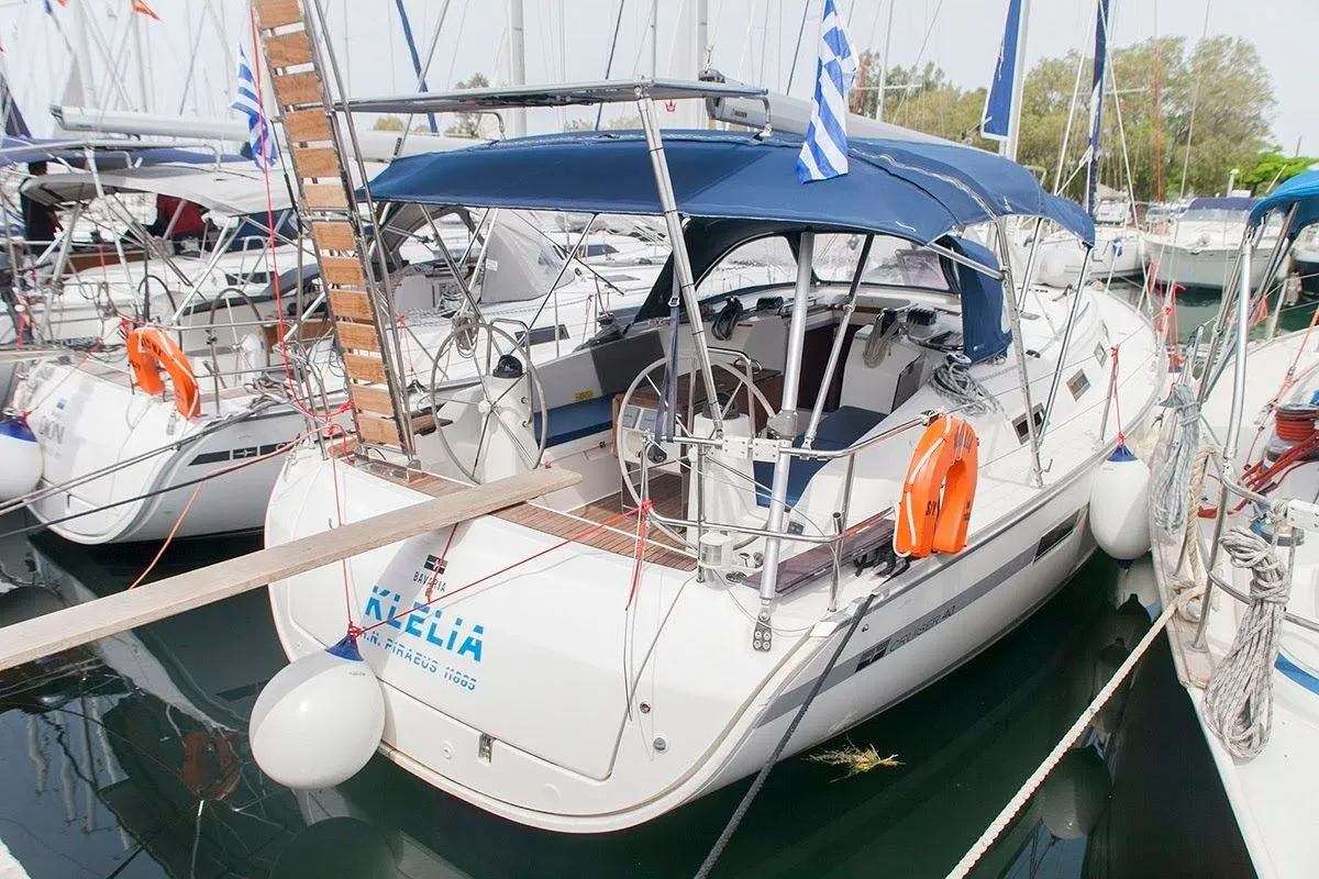 Exterior view of Klelia, a Bavaria Cruiser 40 sailboat at Athens, Greece