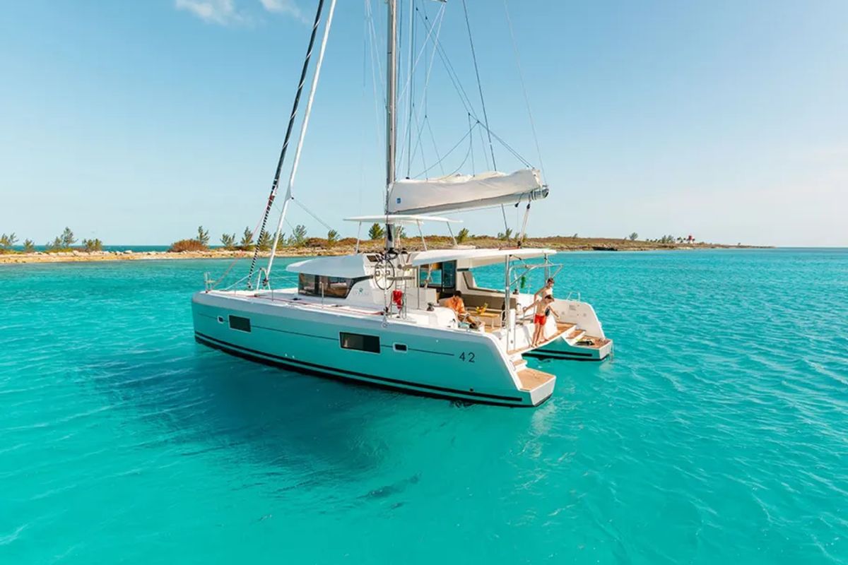 Exterior view of Three Little Birds, a Lagoon 42 catamaran at Propriano, France