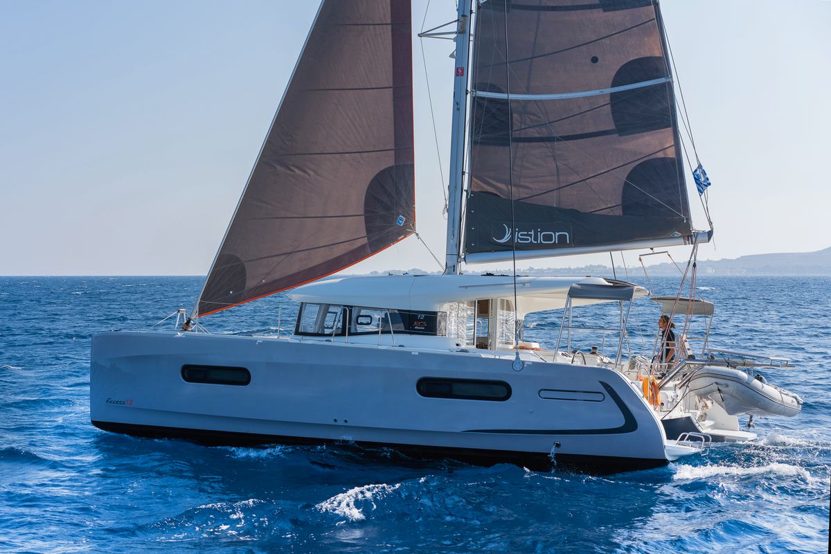 Exterior view of Excessive, a Excess 12 catamaran at Kos, Greece