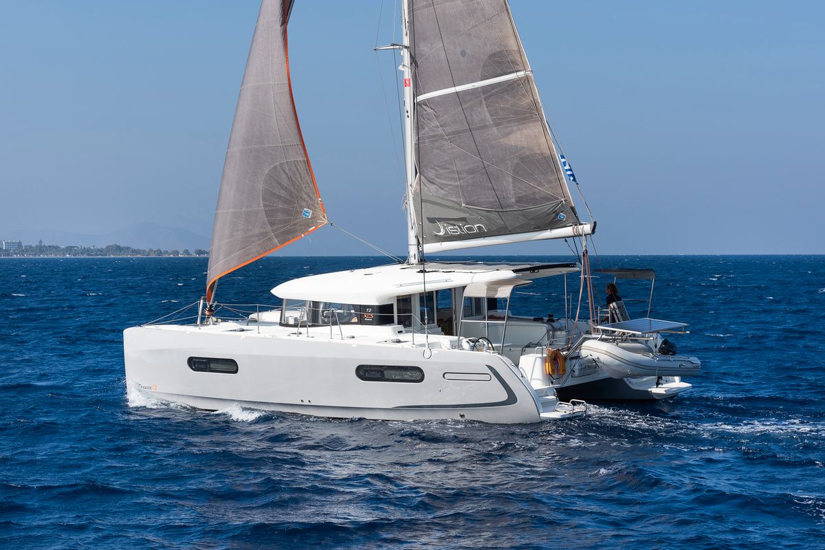 Exterior view of Excessive, a Excess 12 catamaran at Kos, Greece