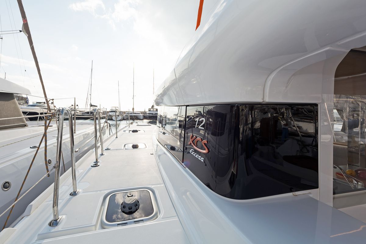 Deck of Excessive, a Excess 12 catamaran at Kos, Greece