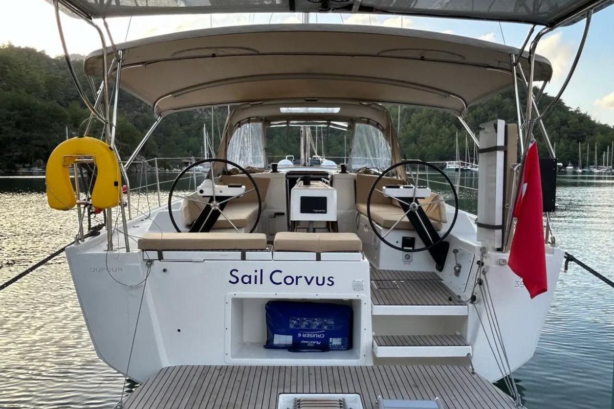 Exterior view of Sail Corvus, a Dufour 390 GL sailboat at Marmaris, Turkey
