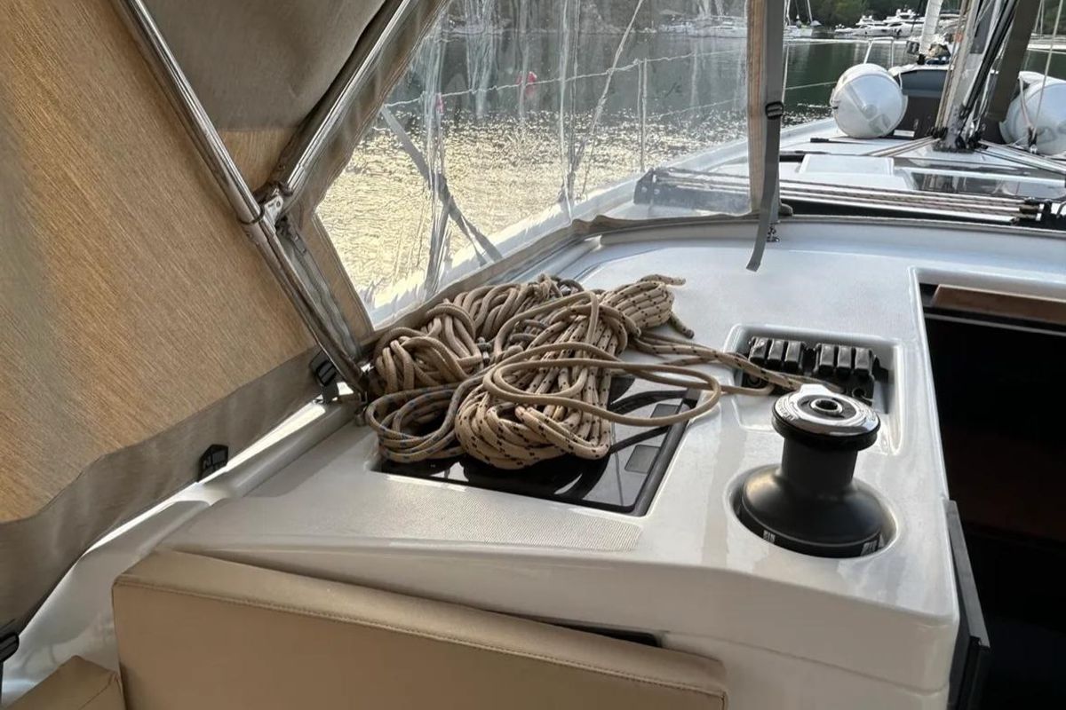 Deck of Sail Corvus, a Dufour 390 GL sailboat at Marmaris, Turkey