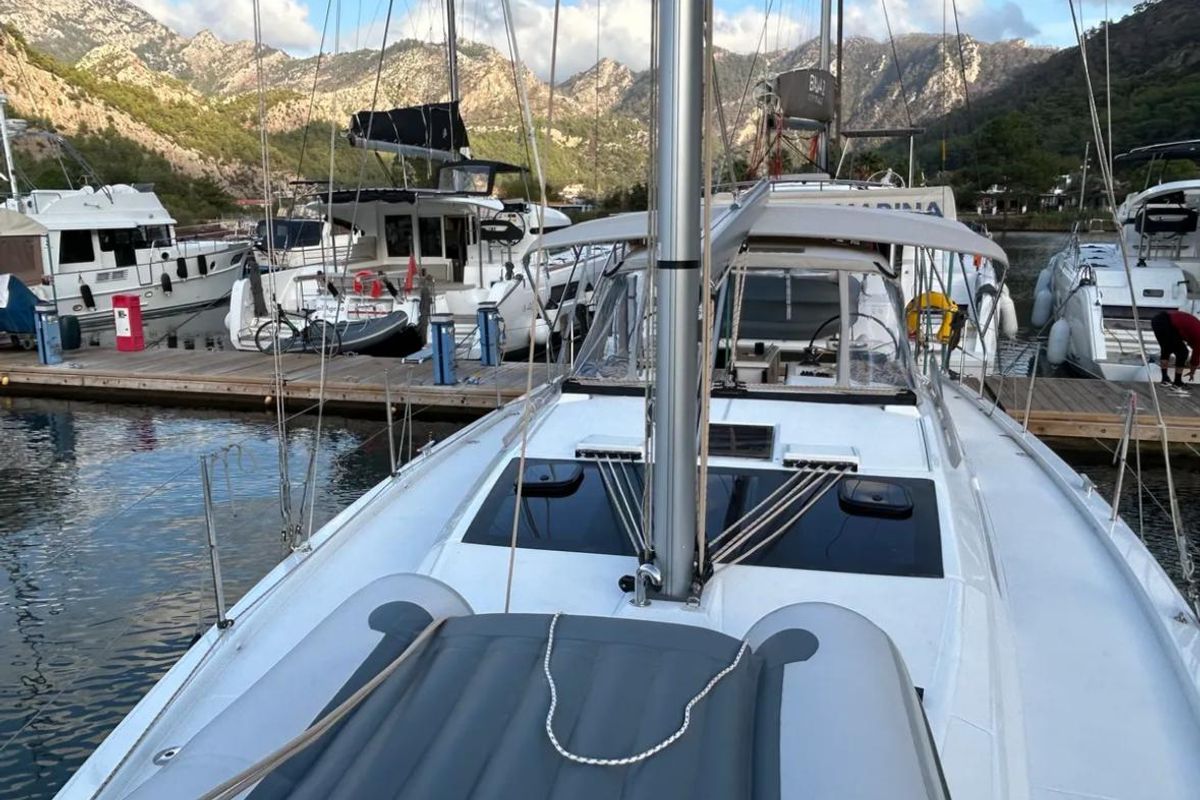 Deck of Sail Corvus, a Dufour 390 GL sailboat at Marmaris, Turkey
