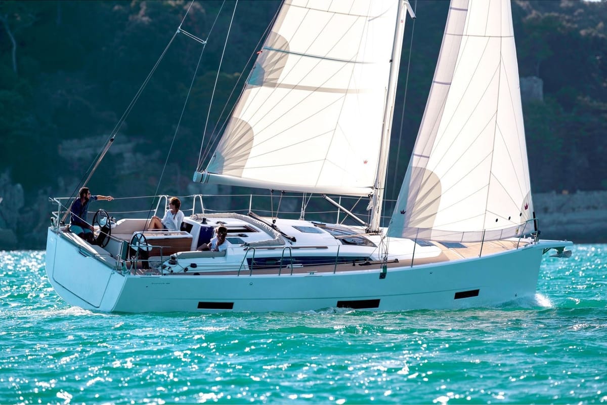Exterior view of Sail Corvus, a Dufour 390 GL sailboat at Marmaris, Turkey